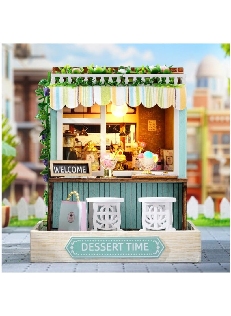 DIY Miniature Dollhouse Kit Wooden Dolls House with LED Dust Cover Creative Room Mini House Building Kit Great Handmade Craft for Birthday Gift (Dessert time) - Image 1