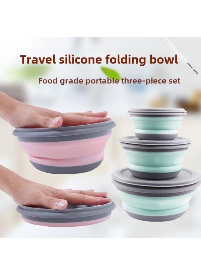 Silicone Bowl Folding Portable Outdoor Picnic Travel Office Student Noodles Baby Lunch Box Compressed Tableware Suit-Specifications:Medium Bowl -Color:Nordic Green  - Image 4