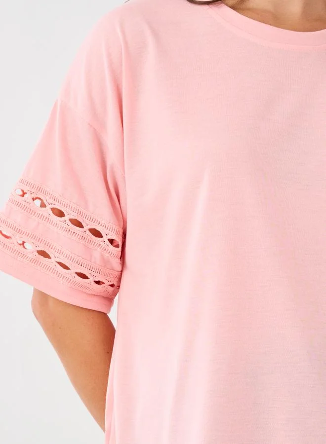 Styli Styli Lace Insert Round Neck T-Shirt and Pyjama Set