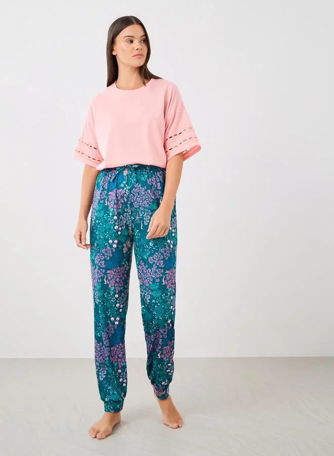 Styli Styli Lace Insert Round Neck T-Shirt and Pyjama Set