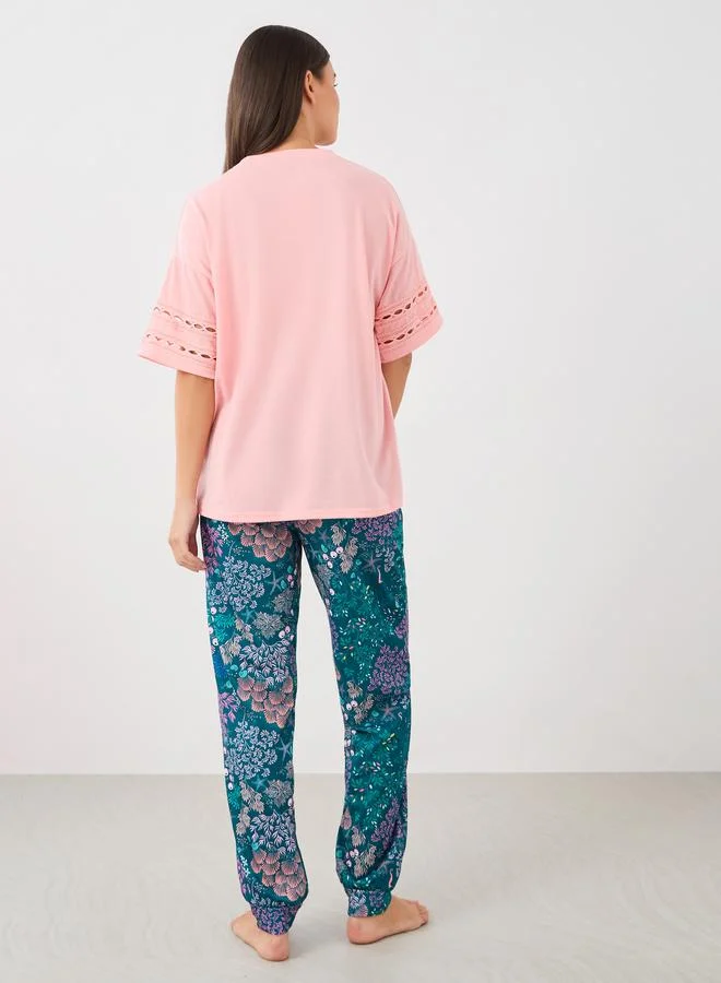 Styli Styli Lace Insert Round Neck T-Shirt and Pyjama Set