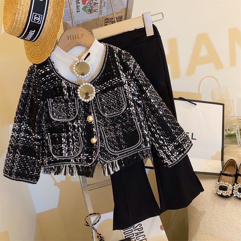 New Girl'S Small Style Woven Coat Sparkle Pants Two-Piece Set 2025 Jacket Pants Suit - Image 2