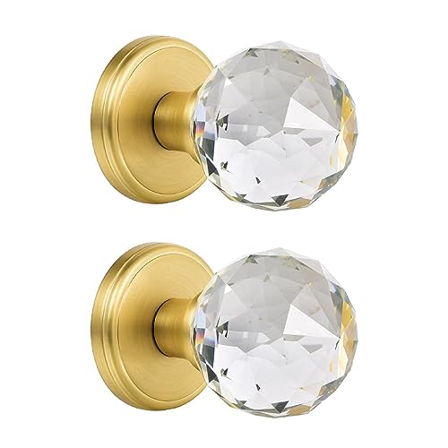 CLCTK 2 Pack Crystal Glass Dummy Door Knobs, Inactive Round Half-Dummy Door Knob Set, Single Side, Satin Brass - Image 1