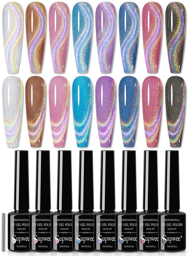 SUPWEE Rainbow Cat Eye Nail Gel Polish Set Sparkle Holographic 9D Cat Eye Gel Polish Laser Glitter Cat Eye Nail Polish Gel Magnetic Gel Soak Off Lamp Gel Varnish Nail Salon Kit (0.24fl oz) - Image 1