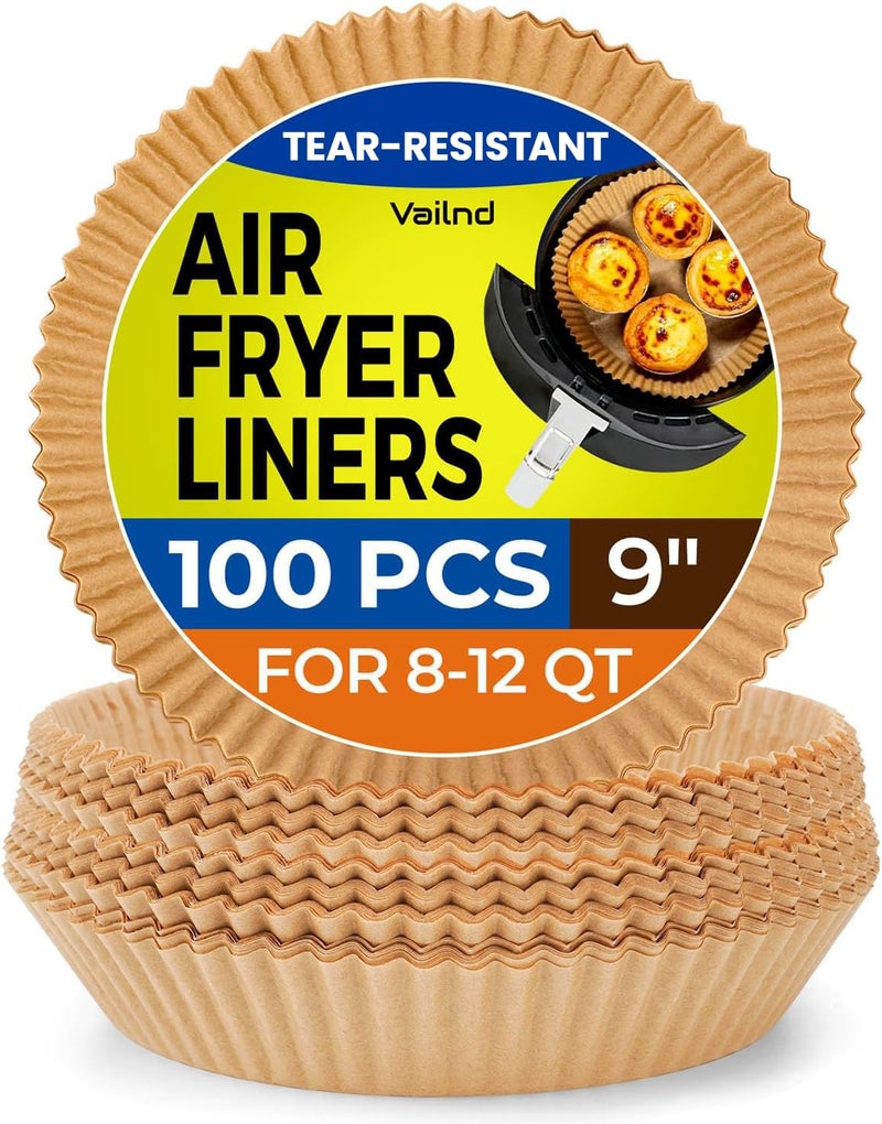 Vailnd Disposable Air Fryer Paper Liners, 9 Inch Max Xl Large Cooker Airfryer Parchment Paper Liners, 100Pcs Oil Proof Round Basket Bowl Liner Baking Paper for 8-12 QT Air Fryer Microwave - Image 1