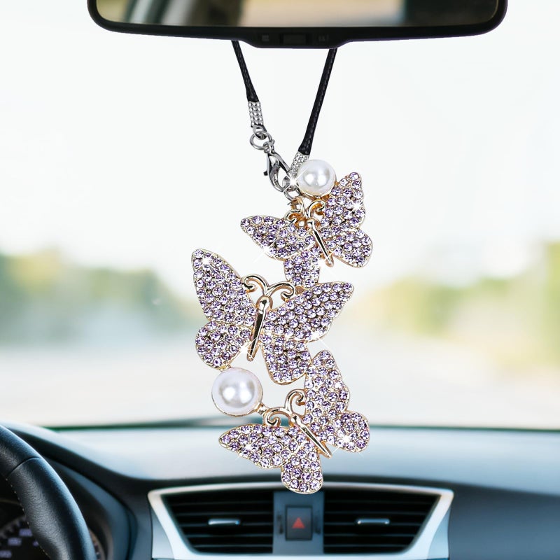 Hbxdeco Bling Butterfly Diamond Car Hanging Accessories for Women Butterfly Rear View Mirror Hanging Ornament Crystal Rhinestone Lucky Car Charms Vehicle Interior Pendant Decoration Gift Purple - Image 3