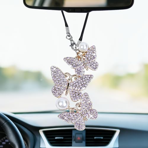 Hbxdeco Bling Butterfly Diamond Car Hanging Accessories for Women Butterfly Rear View Mirror Hanging Ornament Crystal Rhinestone Lucky Car Charms Vehicle Interior Pendant Decoration Gift Purple - Image 1