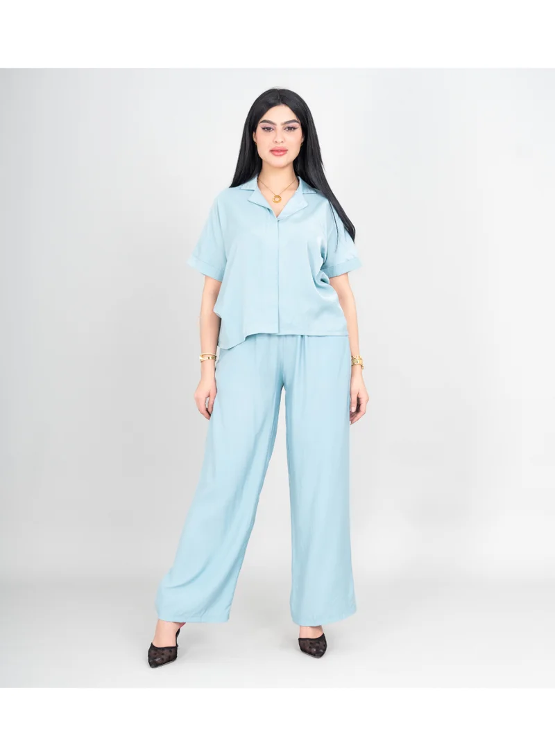 IKKXA Modern Solid Two-Piece Outfit Short Shirt and Pants Details IK507 Blue
