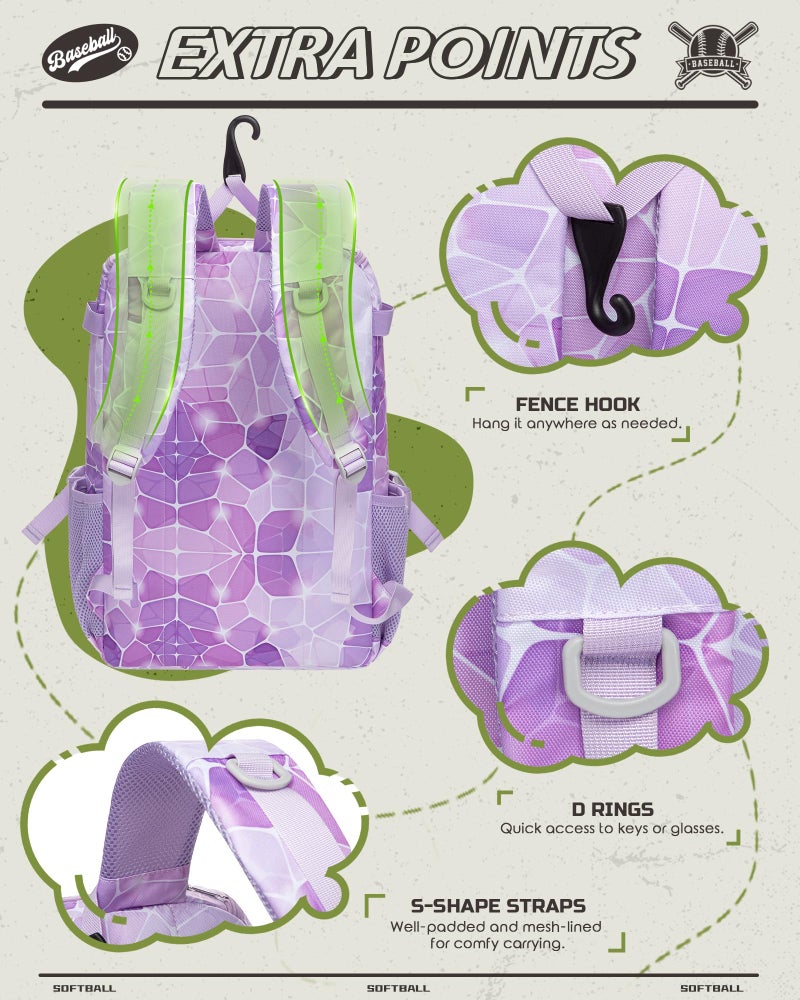 FOKDUVB Baseball Softball Equipment Bag Backpack for Kids Boys Girls Ages 8-12 10-12 12-14 Large Youth Bat Bag with Ventilated Shoe Compartment Baseball Softball Stuff Supplies (Light Purple, Stone) - Image 4