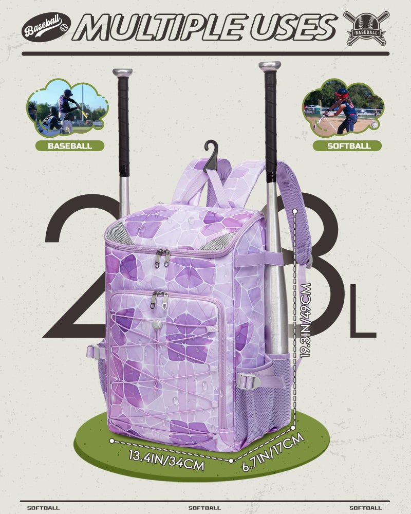 FOKDUVB Baseball Softball Equipment Bag Backpack for Kids Boys Girls Ages 8-12 10-12 12-14 Large Youth Bat Bag with Ventilated Shoe Compartment Baseball Softball Stuff Supplies (Light Purple, Stone) - Image 5