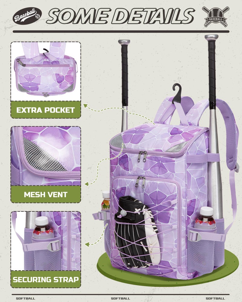 FOKDUVB Baseball Softball Equipment Bag Backpack for Kids Boys Girls Ages 8-12 10-12 12-14 Large Youth Bat Bag with Ventilated Shoe Compartment Baseball Softball Stuff Supplies (Light Purple, Stone) - Image 3