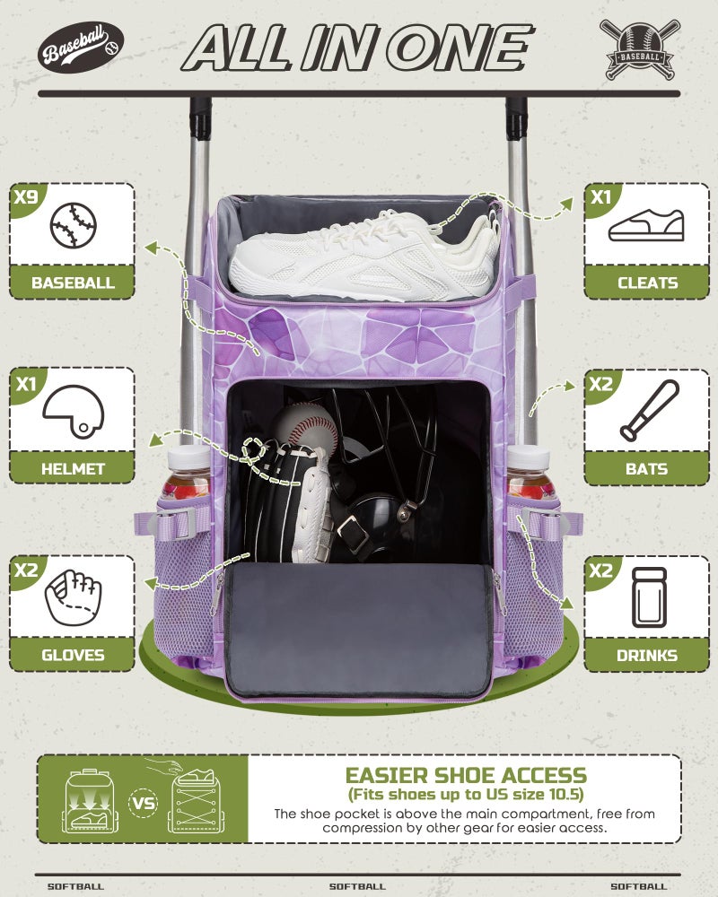 FOKDUVB Baseball Softball Equipment Bag Backpack for Kids Boys Girls Ages 8-12 10-12 12-14 Large Youth Bat Bag with Ventilated Shoe Compartment Baseball Softball Stuff Supplies (Light Purple, Stone) - Image 2