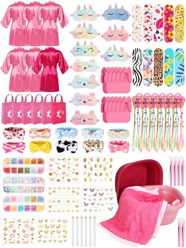 Suhine 6 Set Spa Party Supplies for Girls Kids 6 Satin Robes Spa Kit Sleepover Birthday Slumber Party Favors Nail Salon PackPink Rose Red - Image 1