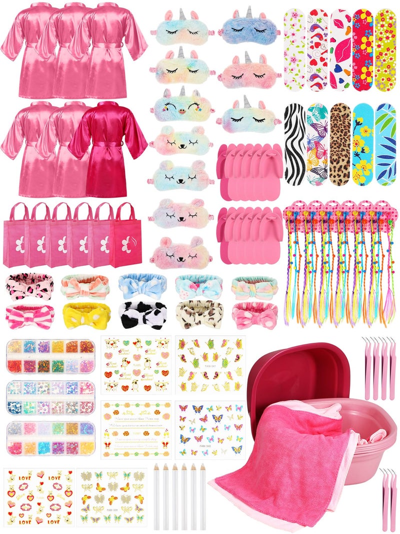 Suhine 6 Set Spa Party Supplies for Girls Kids 6 Satin Robes Spa Kit Sleepover Birthday Slumber Party Favors Nail Salon PackPink Rose Red - Image 2