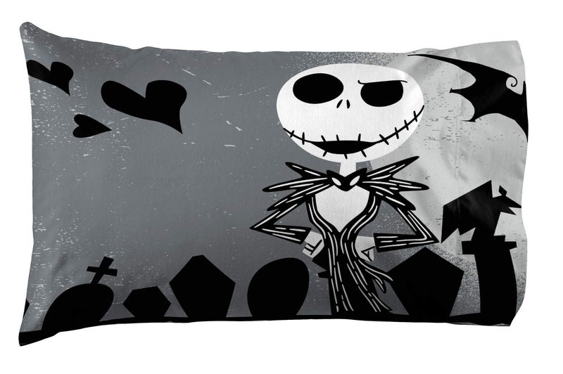 Jay Franco Disney Nightmare Before Christmas Grave Yard 1 Pack Reversible Pillowcase Featuring Jack Skellington and Sally - Kids Super Soft Bedding - Image 1