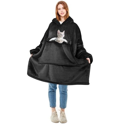 Solaris Oversized Wearable Blanket Hoodie with Pet Pocket Warm Super Soft Cozy Sherpa Sweatshirt Hoodie for Women Men Best Gift for Your Loves Black