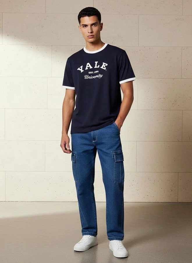 اس بي كاركترز Men Relaxed Fit Crew Neck Yale University Print Ringer T shirt