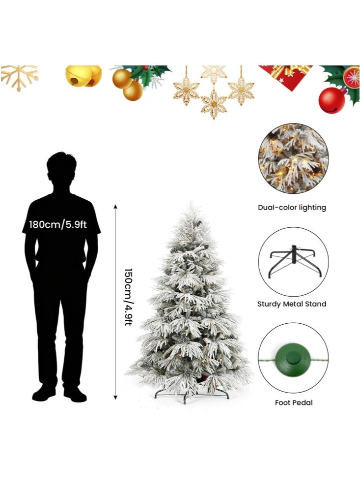 GGEROU Prelit Flocked Artificial Full Christmas Tree 4.9FT/1.5m with 632 PE PVC Tips, Warm White and Cool White, Easy Assembly, Hinged Christmas Trees Prelit with Metal Base - Image 3