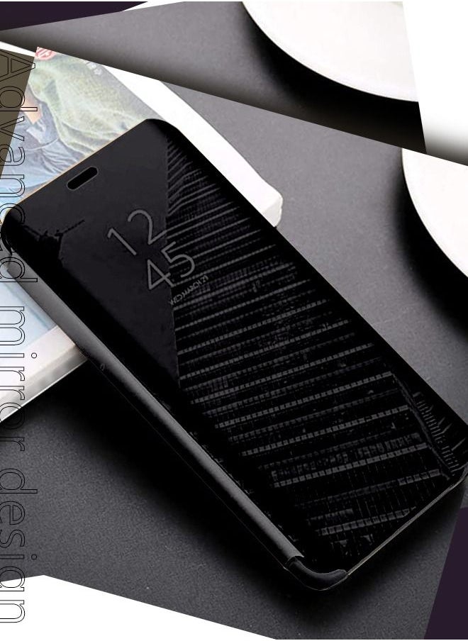 Case for Samsung Galaxy S7 Edge Case Luxury Clear View Plating Mirror Case Anti-drop Built-in Flip Cover Folding Bracket PC+PU 360 Degrees Full Body Protective Leather Cover（Black）