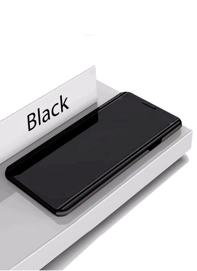 Case for Samsung Galaxy S7 Edge Case Luxury Clear View Plating Mirror Case Anti-drop Built-in Flip Cover Folding Bracket PC+PU 360 Degrees Full Body Protective Leather Cover（Black）