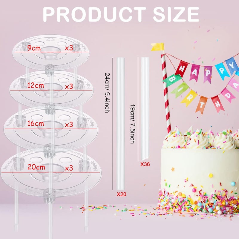 Marsui Marsui 68 Pcs Cake Tier Stacking Kit 12 Separator Plates for 4 5 6 8 Inch Cakes with 20 White Plastic Sticks Support Rods 36 Clear Stacking Dowels for Tiered - Image 2