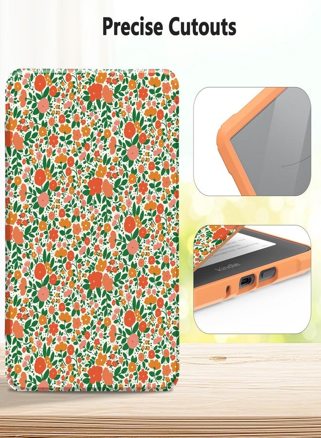 E NET-CASE Case for Kindle Paperwhite 12th Gen 2024 Released (7") & Kindle Colorsoft Signature Edition,Clear Back Shell Durable PU Leather Cover with Auto Sleep Wake,Orange Flower - Image 5