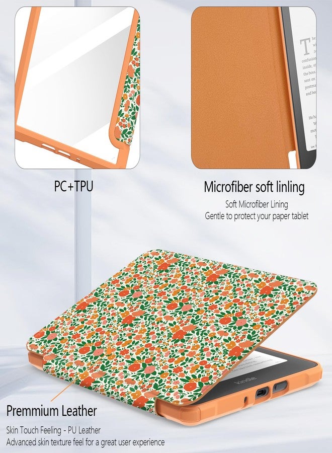 E NET-CASE Case for Kindle Paperwhite 12th Gen 2024 Released (7") & Kindle Colorsoft Signature Edition,Clear Back Shell Durable PU Leather Cover with Auto Sleep Wake,Orange Flower - Image 3
