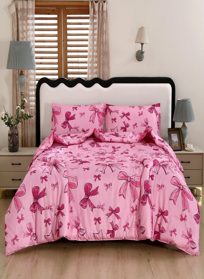 SDIII 3PCS Pink Bow Comforter Set Queen, Soft and Breathable Microfiber Lightweight Comforter Bows, Pink Bow Queen Bedding Set for Girls Kids Teens - Image 1