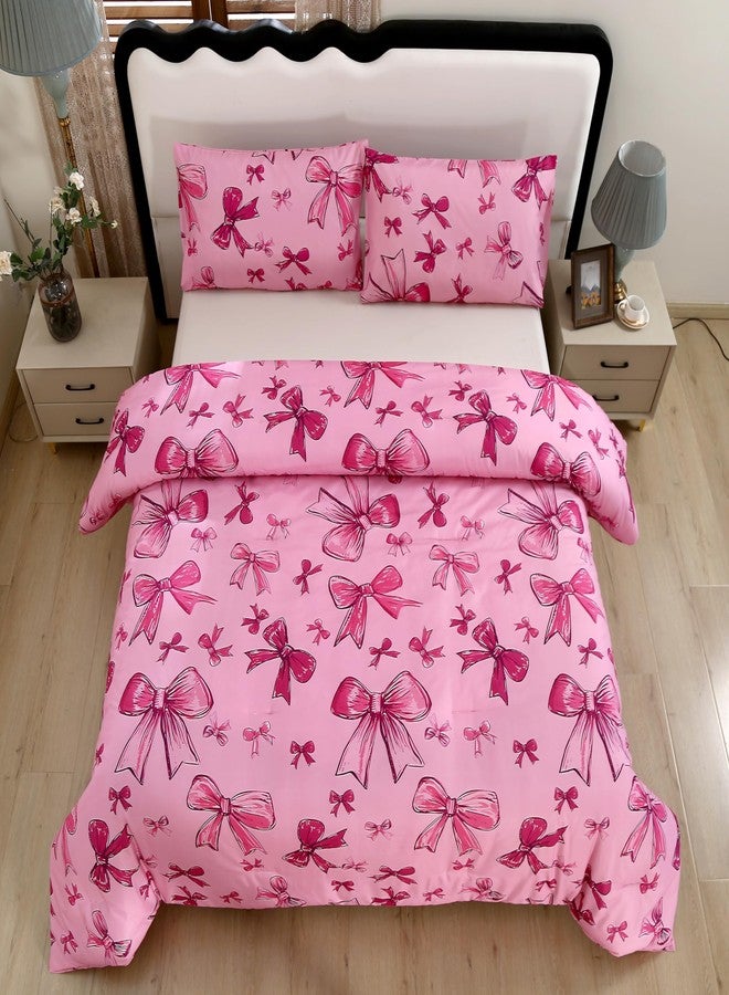 SDIII 3PCS Pink Bow Comforter Set Queen, Soft and Breathable Microfiber Lightweight Comforter Bows, Pink Bow Queen Bedding Set for Girls Kids Teens - Image 2
