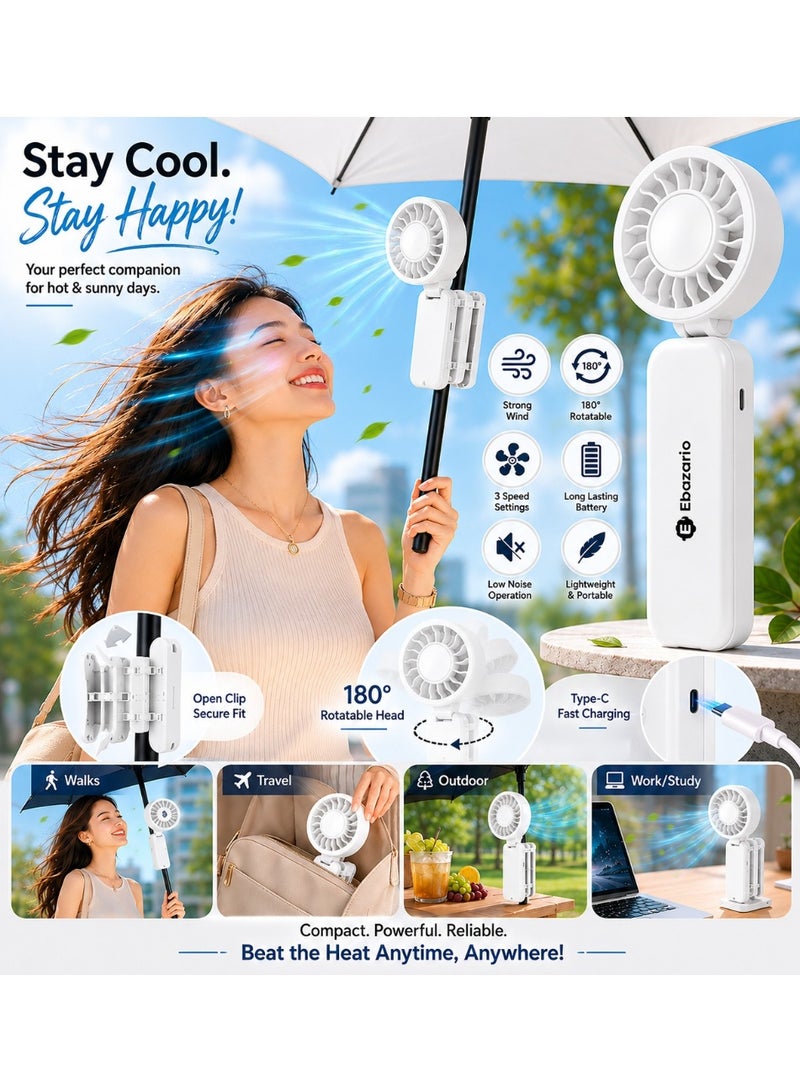 Ebazario Portable Clip On Fan Rechargeable USB Mini Fan 360° Adjustable Cooling Fan for Stroller Desk Camping Travel Bedroom Office Quiet Strong Wind Compact Foldable Fan White - Image 4