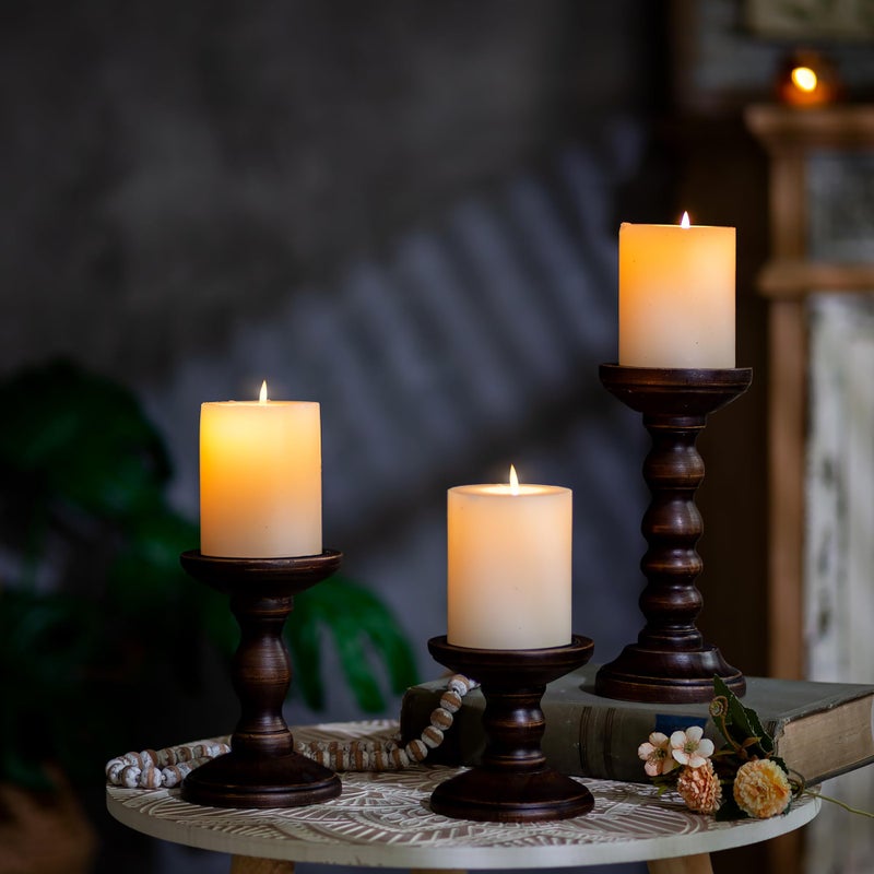 Romadedi Wood Candle Holders for Pillar - Set of 3 Tall Rustic Vintage Wooden Candlestick Holder, Farmhouse Candle Stand for Fireplace Mantle Shelf Table Retro Home Decor, Dark Brown, 3.9"/6"/ 8.3" - Image 3