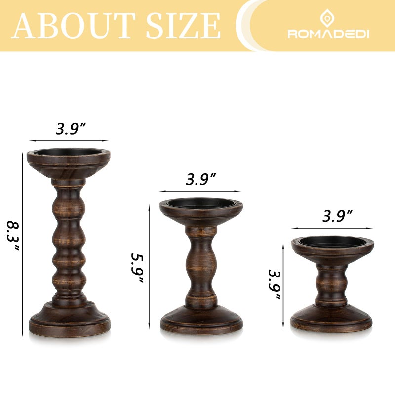 Romadedi Wood Candle Holders for Pillar - Set of 3 Tall Rustic Vintage Wooden Candlestick Holder, Farmhouse Candle Stand for Fireplace Mantle Shelf Table Retro Home Decor, Dark Brown, 3.9"/6"/ 8.3" - Image 5