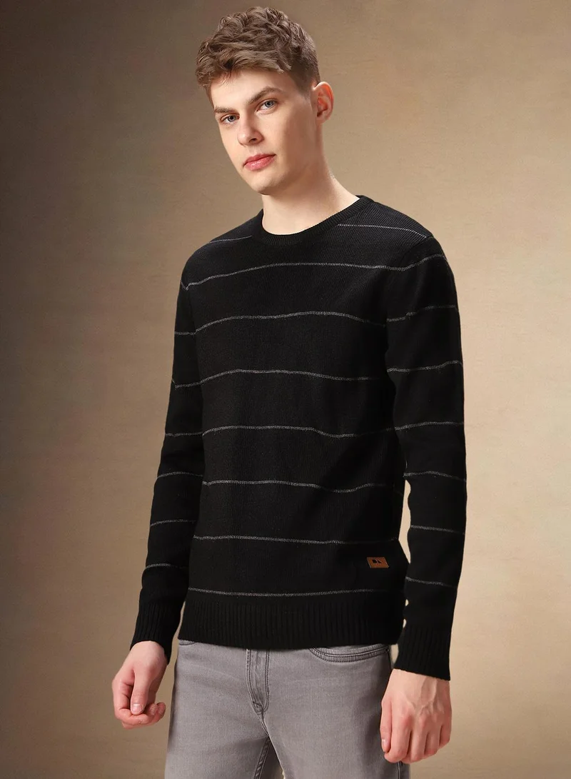 Dennis Lingo Men's Black 100% Acrylic Striped Regular Fit Sweater