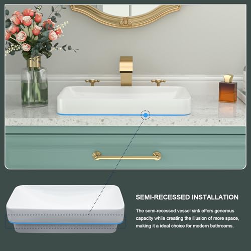 Beslend Vessel Sink-Beslend Bathroom Semi Recessed Sinks 19x12 Rectangular White Ceramic Modern Vessel Sinks Bath Wash Sink Bowl Vanity Sink Above Counter Basin - Image 3