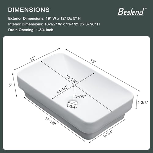 Beslend Vessel Sink-Beslend Bathroom Semi Recessed Sinks 19x12 Rectangular White Ceramic Modern Vessel Sinks Bath Wash Sink Bowl Vanity Sink Above Counter Basin - Image 5
