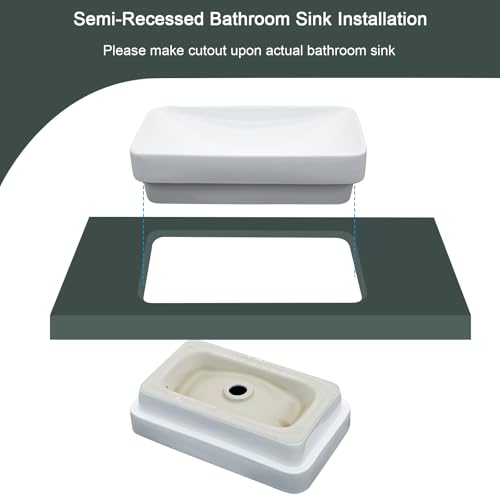 Beslend Vessel Sink-Beslend Bathroom Semi Recessed Sinks 19x12 Rectangular White Ceramic Modern Vessel Sinks Bath Wash Sink Bowl Vanity Sink Above Counter Basin - Image 4