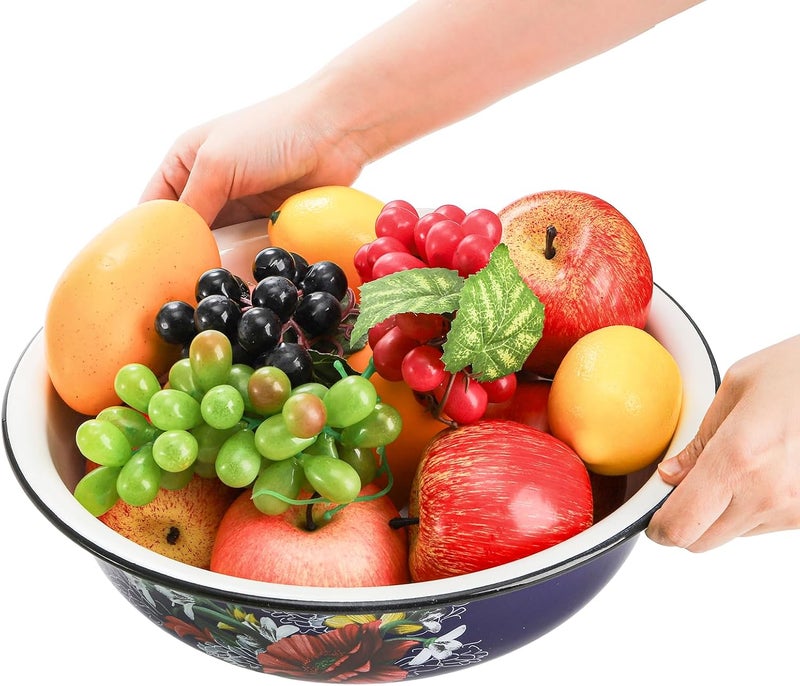 Lawei Set of 2 Enamel Bowl, 4 Quart Large Enamel Salad Serving Mixing Bowl with Black Rim, Vintage Enamelware Plate Dish for Fruit Salad Pasta Soup Dinner, Round Dough Making Bowl Washing Basin, 12in - Image 5