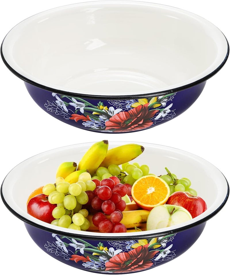 Lawei Set of 2 Enamel Bowl, 4 Quart Large Enamel Salad Serving Mixing Bowl with Black Rim, Vintage Enamelware Plate Dish for Fruit Salad Pasta Soup Dinner, Round Dough Making Bowl Washing Basin, 12in - Image 1