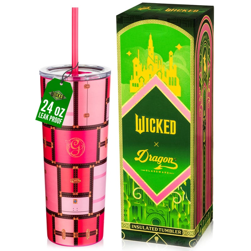 Dragon Glassware x WICKED Vacuum Insulated Tumbler with Lid and Straw  24 oz Tumbler Cup with 2 Straws  Stainless Steel Tumbler with Straw for Water Iced Tea  Wicked Glinda Tumbler