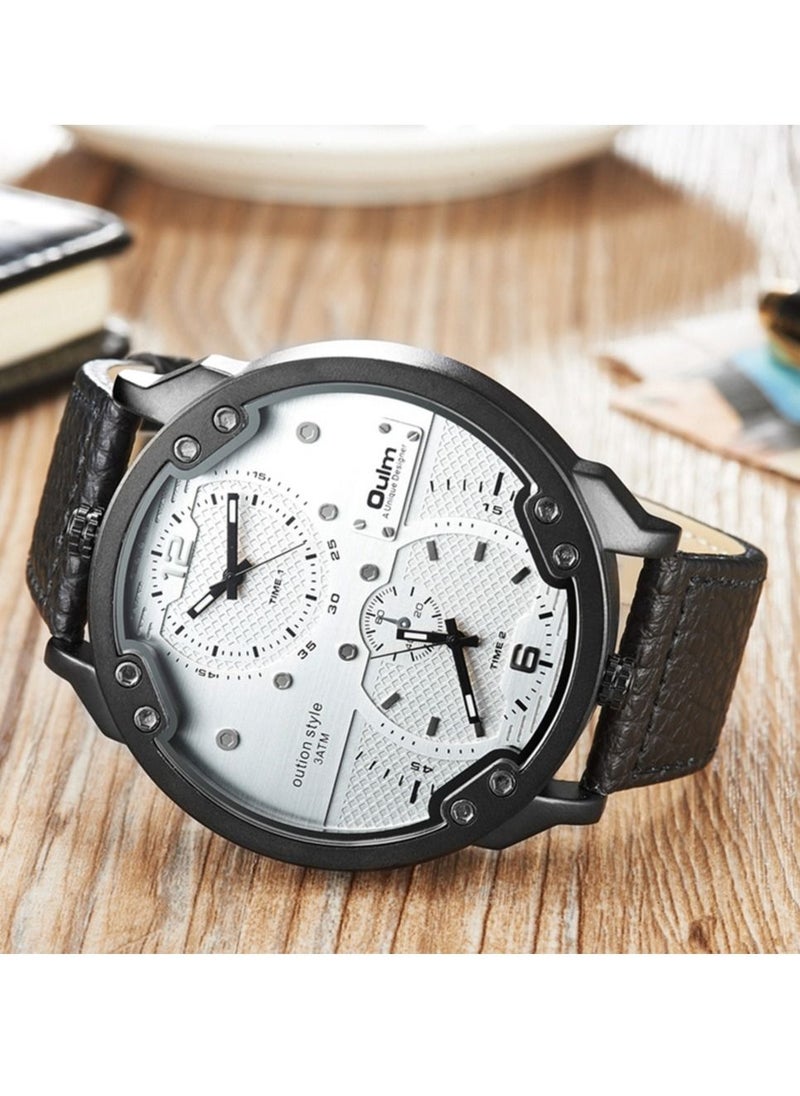 Oulm Oulm Men's Casual Sports Watches Unique Design Big Watch Male Leather Strap Double Time Zone Men Luxury Wristwatch  - Image 2