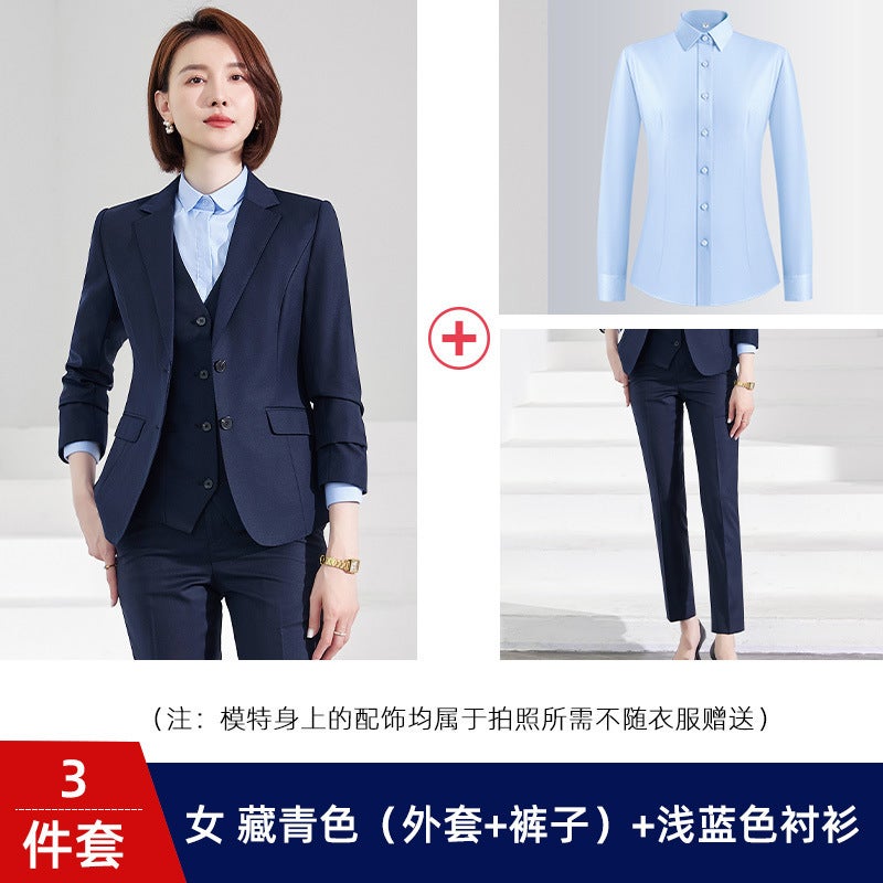 Advanced Sense Navy Blue Wool Suit Men'S And Women'S Suit Slim-Fit Business Dress Suit Three-Piece 4S Shop Work Clothes - Image 1