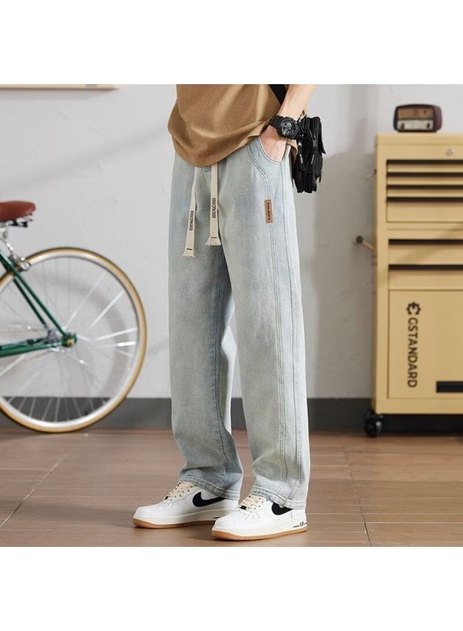 Light White Blue Autumn And Winter Loose Straight Men's High Street Wide Leg Casual Long Pants - Image 1
