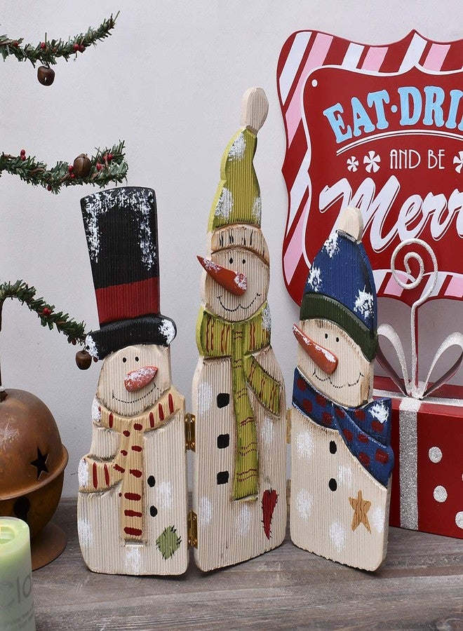 YK Decor Wood Snowman Tabletop Decoration Triple Snowman Decorative Folding Screen Wooden Christmas Signs Holiday Centerpiece Home Xmas Decor - Image 3