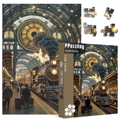 PPuzzling Vintage Train Puzzles for Adults 1000 Pieces Steam Train Station Art Jigsaw Puzzle Classic Railway Scenery Puzzles as Home Wall Art - Image 1