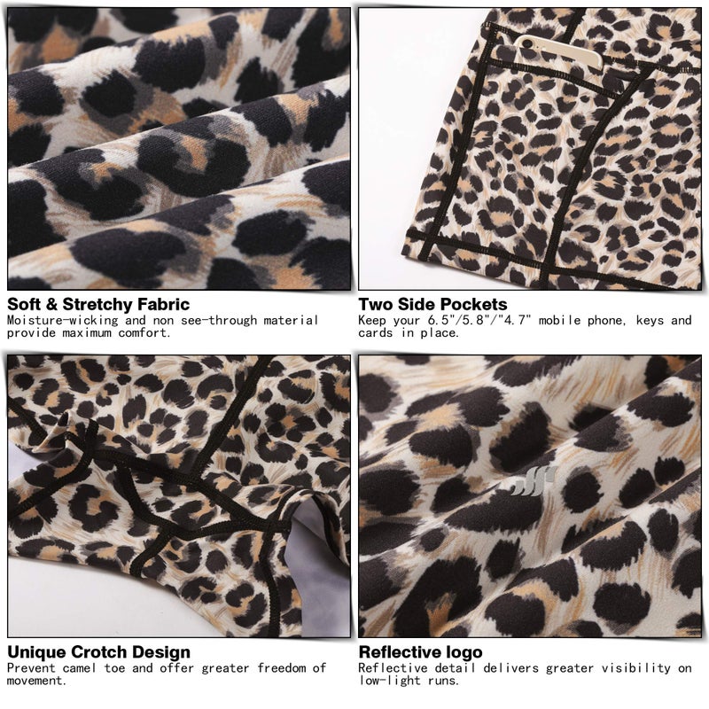 Soothfeel Women's High Waist Yoga Shorts with Side Pockets Tummy Control Running Gym Workout Biker Shorts for Women 5" /3"(3" Brown Leopard, M) - Image 5