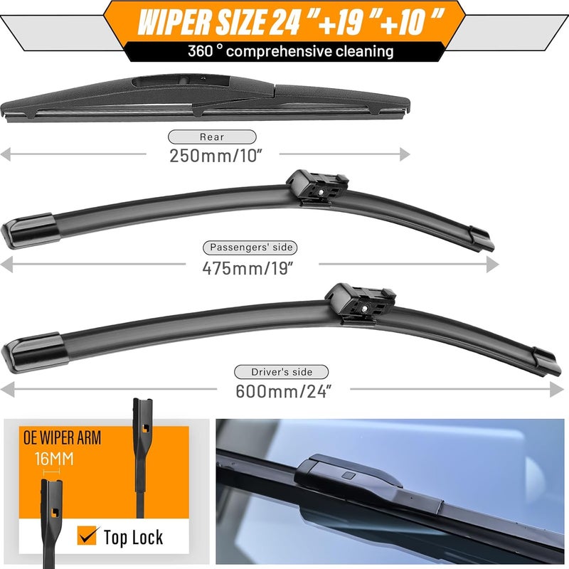 AUTOBOO 24"+19" شفرات ماسحات الزجاج الأمامي بديلة لهوندا CRV CR-V 2023 2024 2025 مع شفرة ماسحة خلفية 10 بوصة - جودة المصنع الأصلية (عبوة من 3 قطع) - Image 3