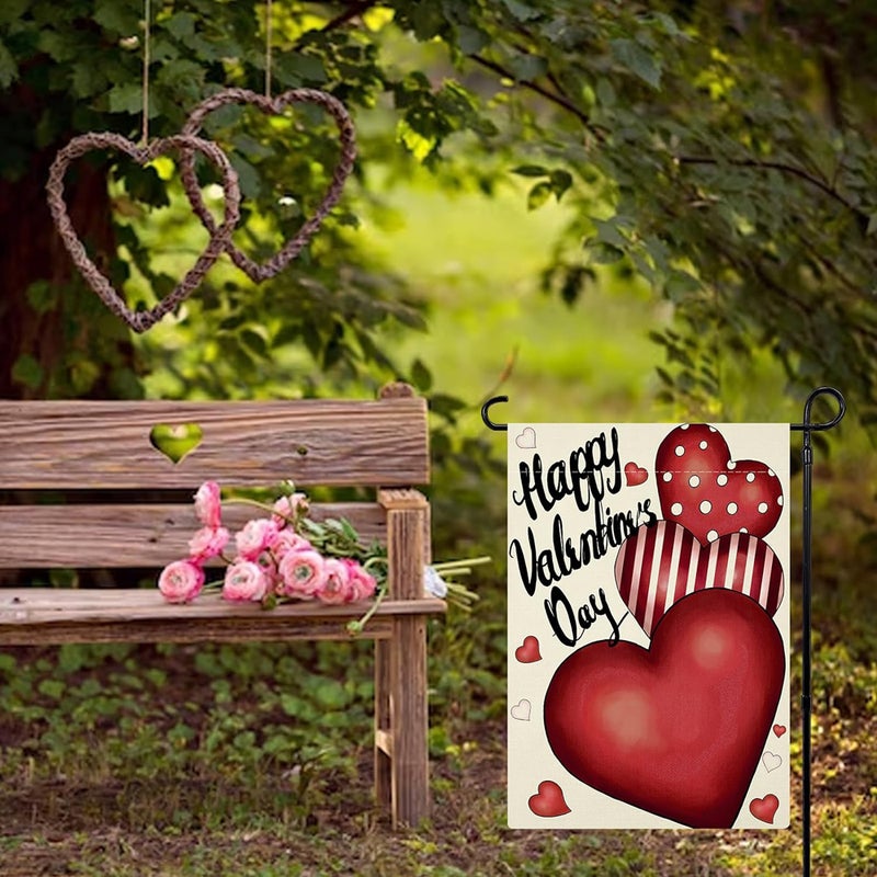 Valentine's Day Garden Flag 12x18 Inch Double-Sided Heart Burlap Banner Small Seasonal Decorative Flags for Outdoors - Image 3