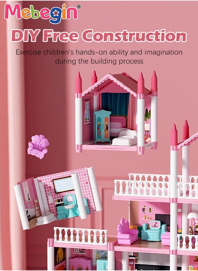 MEBEGIN Dreamhouse Set with 4 Dolls, Rich Accessories and Furniture, Luxury Dollhouse with 11 Rooms, DIY Villa Building Toys, Educational House-building Set, Made of BPA-free, Non-toxic ABS Plastic, Easy to Install, Creative Gift for Kids  - Image 3