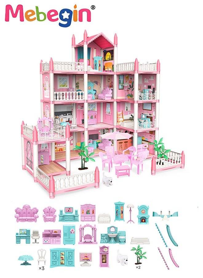 MEBEGIN Dreamhouse Set with 4 Dolls, Rich Accessories and Furniture, Luxury Dollhouse with 11 Rooms, DIY Villa Building Toys, Educational House-building Set, Made of BPA-free, Non-toxic ABS Plastic, Easy to Install, Creative Gift for Kids  - Image 2