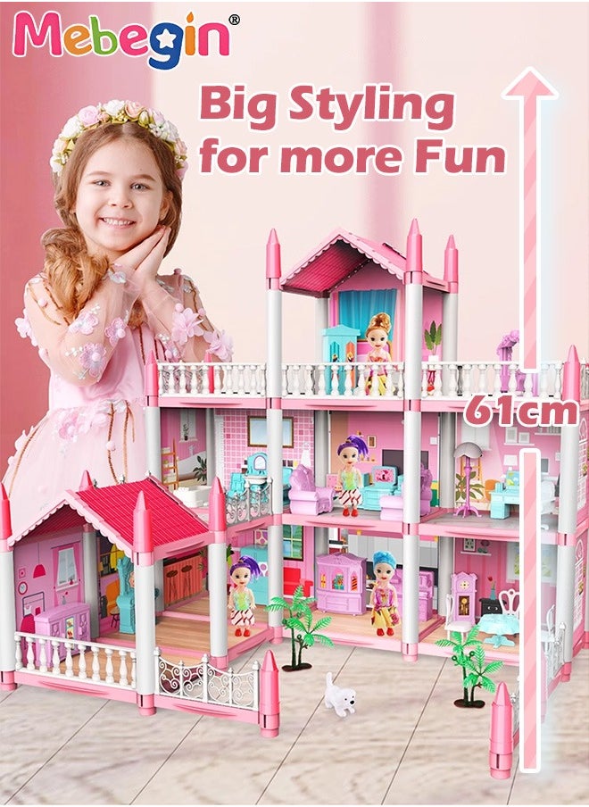 MEBEGIN Dreamhouse Set with 4 Dolls, Rich Accessories and Furniture, Luxury Dollhouse with 11 Rooms, DIY Villa Building Toys, Educational House-building Set, Made of BPA-free, Non-toxic ABS Plastic, Easy to Install, Creative Gift for Kids  - Image 4